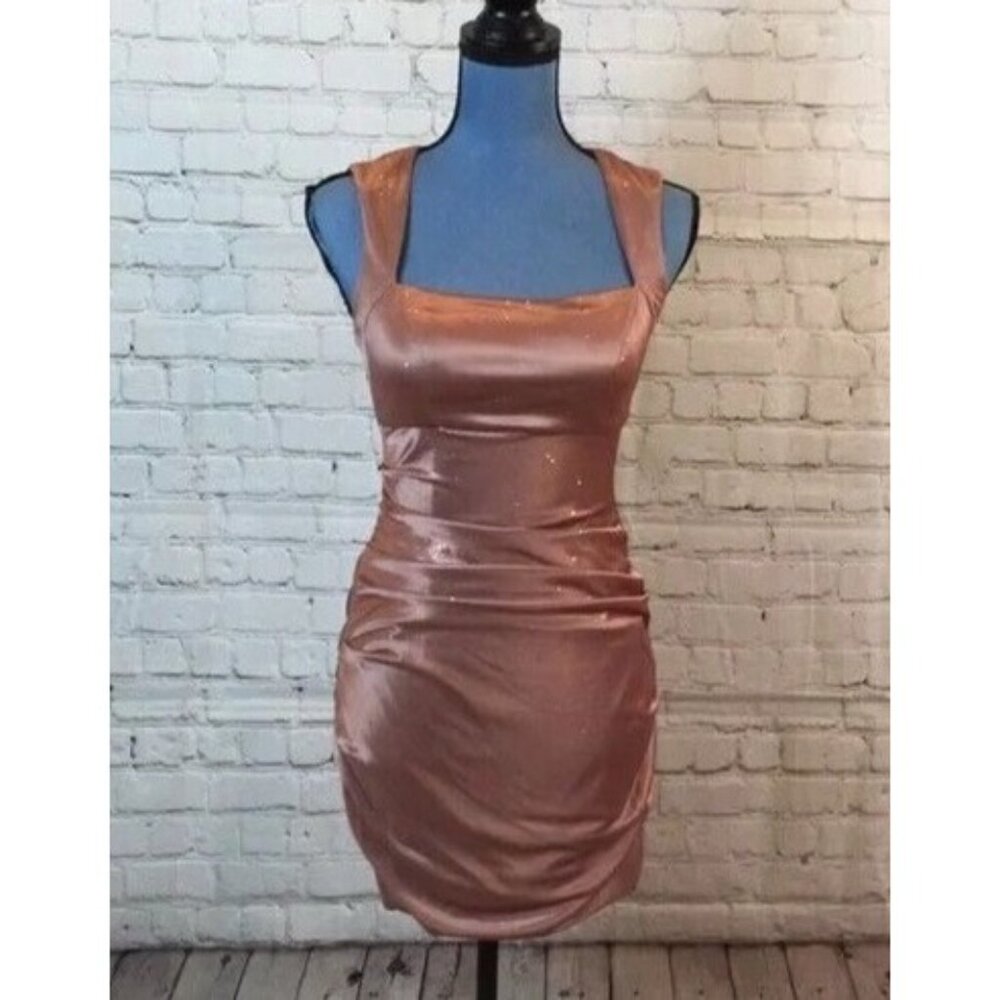 Hailey Logan Adrianna Papell Shimmery Pink Ruched Mini Dress Cutout Back Small